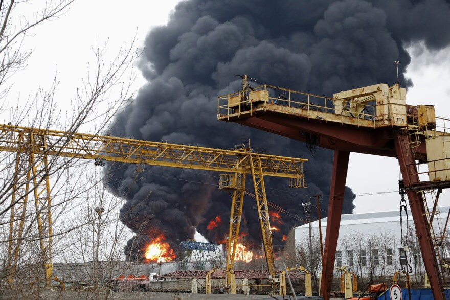 Damage is seen after what Russia says was a Ukrainian Army attack on an oil refinery in Belgorod, Russia, on Friday.