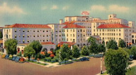 A vintage postcard depicts the former El Tejon Hotel in downtown Bakersfield.