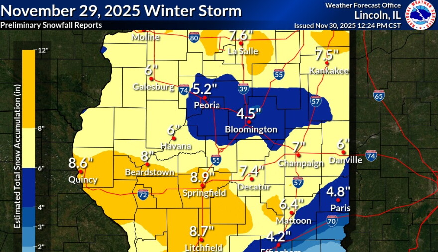 Map of Central Illinois showing snowfall totals for many communities. It shows the heaviest snow from Quincy to Springfield. 