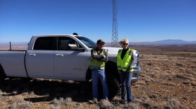 Site Coordinator Jason Theesfeld, left, and Director of Communications Kara Choquette of the Power Company of Wyoming pose for a photo at one of the highest points of the Chokecherry and Sierra Madre Wind Energy Project site.