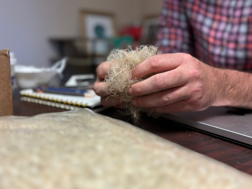 Patrick Van Meter, Midwest Natural Fiber’s CEO, holds hemp fiber in his hands at his office in Gideon, Missouri.