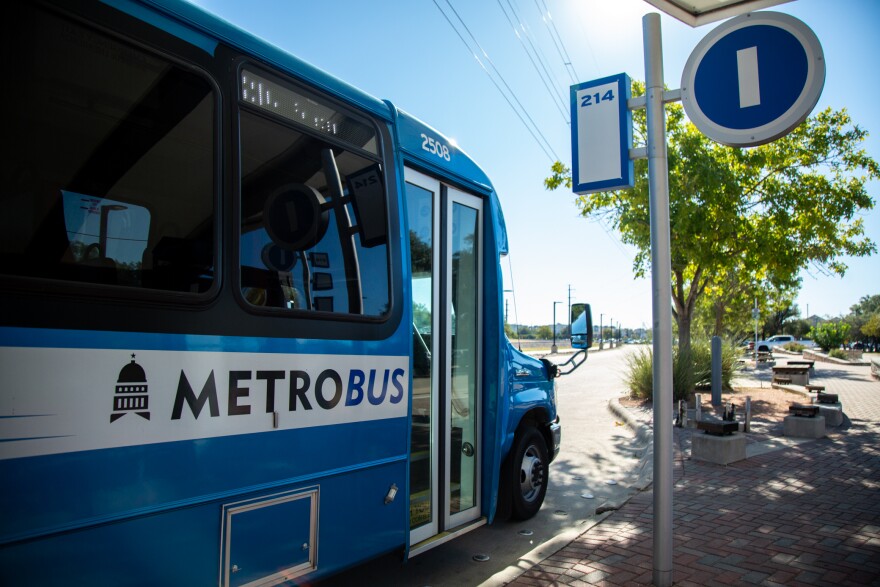 The 214 Northwest Lakeline Feeder MetroBus parked at Lakeline Station Bay Platform I in Austin, Texas on Oct. 20, 2022