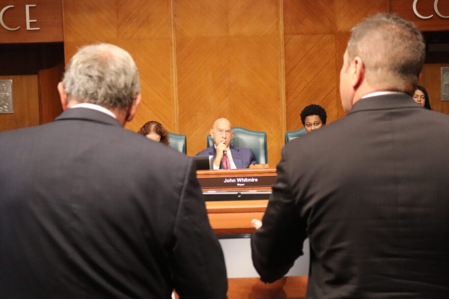 Houston director Mike Nichols and public safety director Larry Satterwhite speak to the Houston City Council and Mayor John Whitmire in Oct. 2025. 
