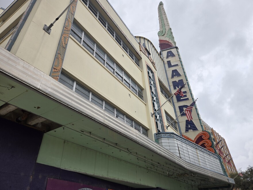 The marquee at the movie theater was quite impressive when fully lit during its heyday in the immediate decades following World War II