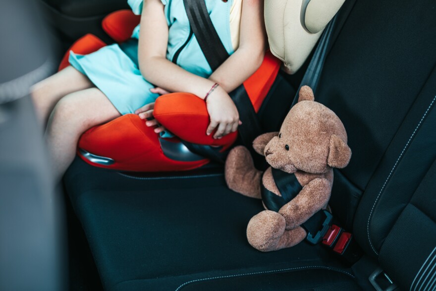 Little girl sitting in a car buckled into her child safety seat with her teddy bear buckled in next to her.