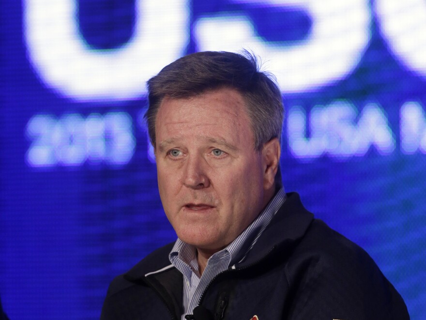 Scott Blackmun, CEO of the U.S. Olympic Committee, speaks with reporters last year in Park City, Utah.