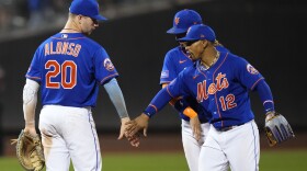 New York Mets' Pete Alonso (20) celebrates with Francisco Lindor (12) after a baseball game against the Pittsburgh Pirates, Monday, Aug. 14, 2023, in New York. The Mets won 7-2. (AP Photo/Frank Franklin II)
