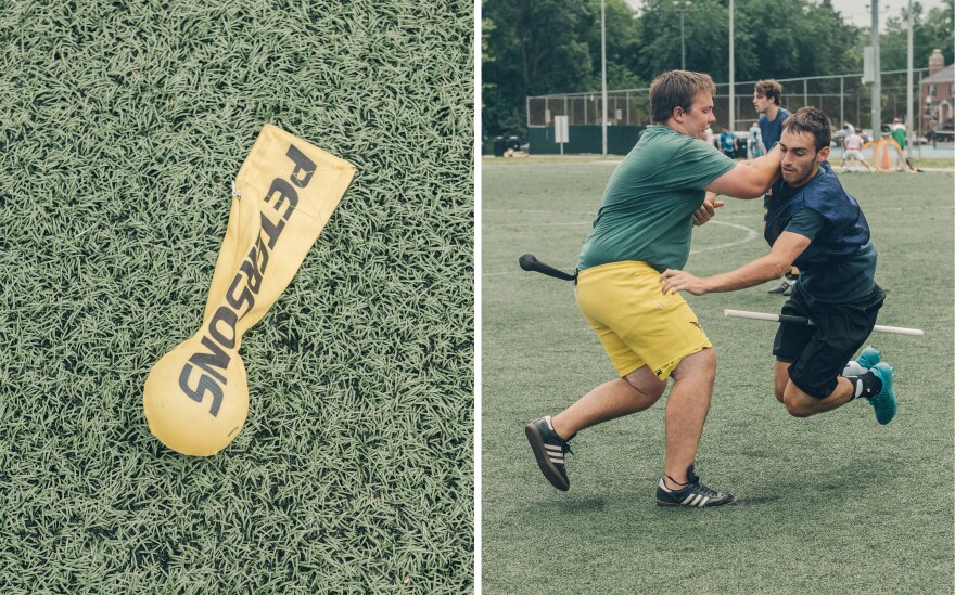The snitch is not just a ball, it's also a position in the game. Ricky Nelson — the snitch in this match — prevents someone from grabbing the ball, which is attached to his uniform.