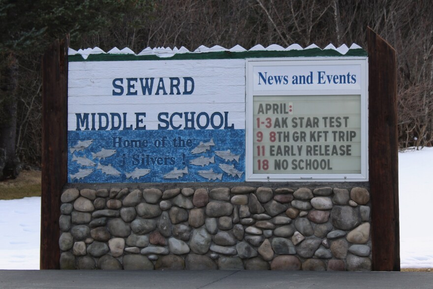 A marquee sign shows events at Seward Middle School on Saturday, Mar. 22, 2026 in Seward, Alaska.