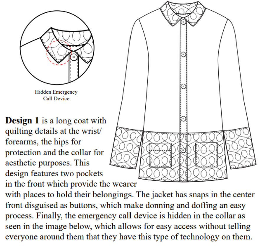 Kaleigh Slot's coat design with quilted padding in the hip, collar and wrist regions with a call device located in the collar.