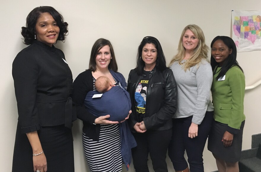 The 2016 presidential election was a huge catalyst for these women to enter (or re-enter) politics. They're now in a Maryland program that coaches Democratic women to run for local office: (From left to right) Lenora Dawson, 51; Christiana Rigby, 32, and her baby, Arlo; Marisol Johnson, 41; Lesley Lopez, 33; Ciara Robinson, 29