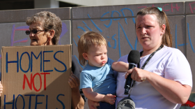 A speaker at a rally remembering those who died in the June 22 fire that destroyed the Knights Inn in Endwell. (June 23, 2026)