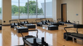 A room in MSU’s Student Recreation and Wellness Center features rows of reformers exclusively used for Reformer Pilates.