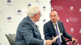 Utah Republican Sen. Mike Lee (right) discusses the powers of the federal government and the state of American politics with Sutherland Institute CEO Rick Larsen at the University of Utah in Salt Lake City, Aug. 22, 2023