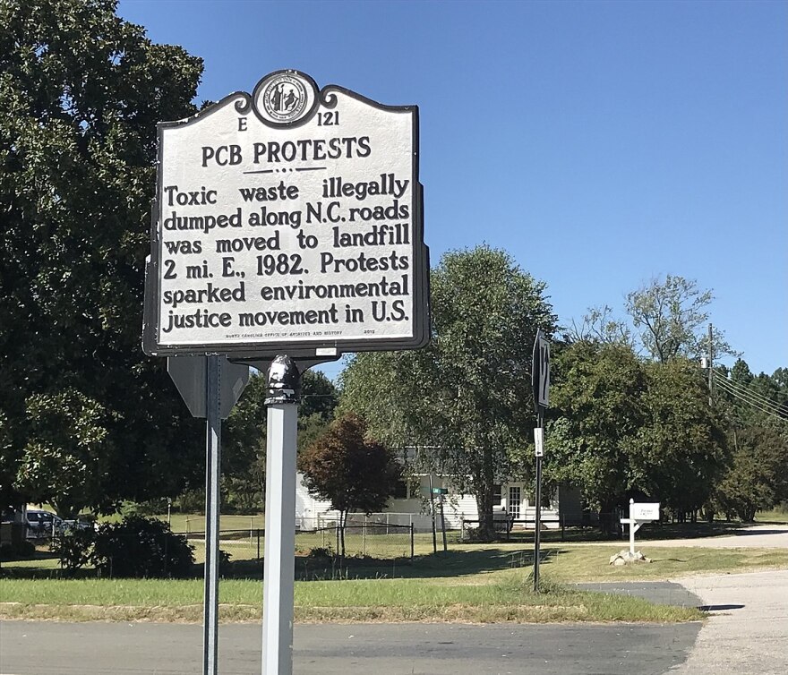 Hghways historical marker for PCB landfill protests in Afton, North Carolina.