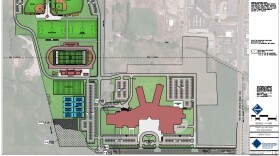 A concept for the potential new high school in Heber City shows a school building similar in design to that of Wasatch High School and athletic facilities near the intersection of 600 West (top) and 100 South (right.).