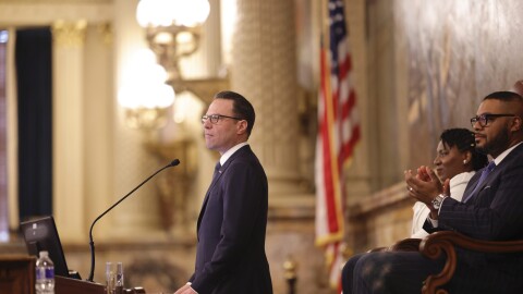 Gov. Josh Shapiro unveils his 2026 budget address in the Pennsylvania Capitol.