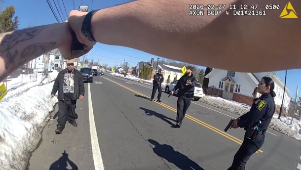 Steven Jones (left) was shot by Hartford PD officer Joseph Magnano (POV) on February 27, 2026 on Blue Hills Avenue in Hartford. Officers Josue Charles (back right), James Prignano (center right), and Jackeline Torres (front right) also responded to the call. In this moment, from Magnano’s body camera, Prignano can be heard saying, “Mag, Mag, Mag, chill.”