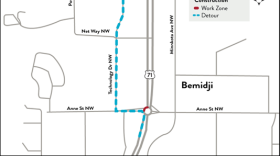  Map with blue dotted line indicating detour