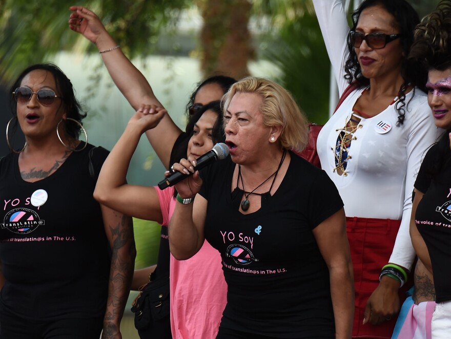 Bamby Salcedo, here speaking at a 2017 rally, is president and CEO of the TransLatin@ Coalition, one of the plaintiffs in a lawsuit filed to keep Obama-era civil rights protections in place. "Everyone deserves easy access to health care," Salcedo says, "and health care that is respectful of who we are."