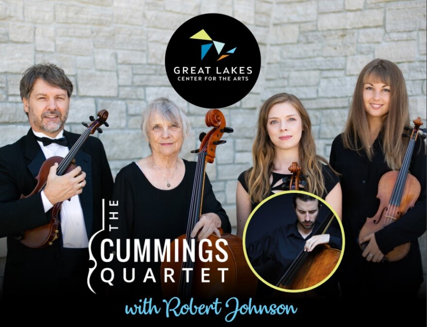 The Cummings String Quartet (L-R): David Reimer, Elizabeth Bert, Trisha Berquist, Iuliia Fetysenko. (Inset: Robert Johnson)