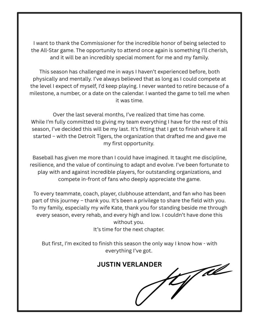 Justin Verlander's retirement announcement on X