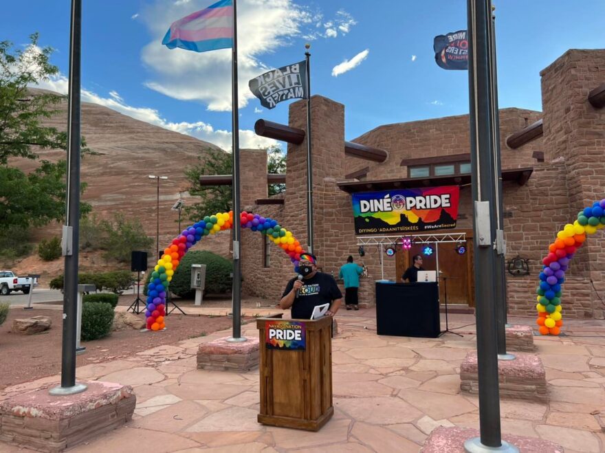 A speaker representing Diné Pride at the Navajo Nation Council Chamber