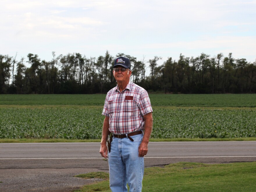 Jimmy Piercey stands outside a deteriorating line of trees meant to protect farmland like his own from dust storm destruction.