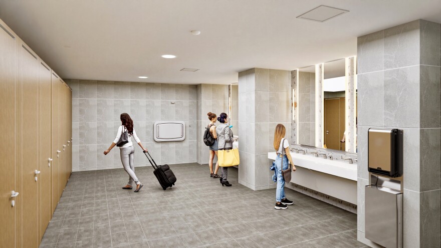 A rendering of a new, more spacious women's restroom for the renovated Quad Cities airport in Moline.