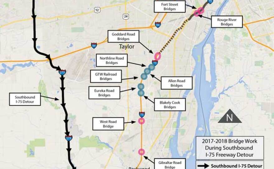 The detour is the black line. Officials say I-96 and I-275 have "more capacity" than I-94, so it's the official detour route.