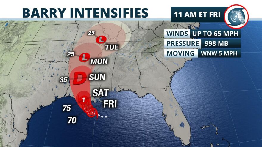 Forecasters said slow-moving Barry could unload 10 to 20 inches (25 to 50 centimeters) of rain through Sunday across a swath of Louisiana that includes New Orleans and Baton Rouge, as well as southwestern Mississippi, with pockets in Louisiana getting 25 