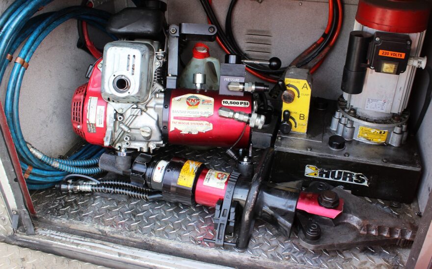 The extrication equipment or “jaws of life", another new feature on the 2012 Pierce Dash, sits tucked in a compartment in the back of the truck. This equipment is used to cut motorists out of their vehicles if trapped after an accident. (Kathleen Frost/WUFT News)