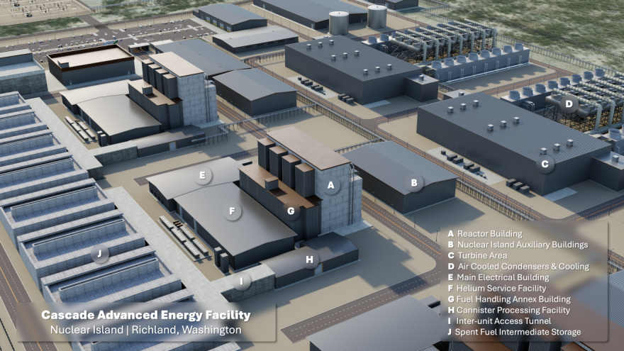 A rendering released last year of the Cascade Advanced Energy Facility, which could end up being the first small modular reactor facility in the Pacific Northwest.