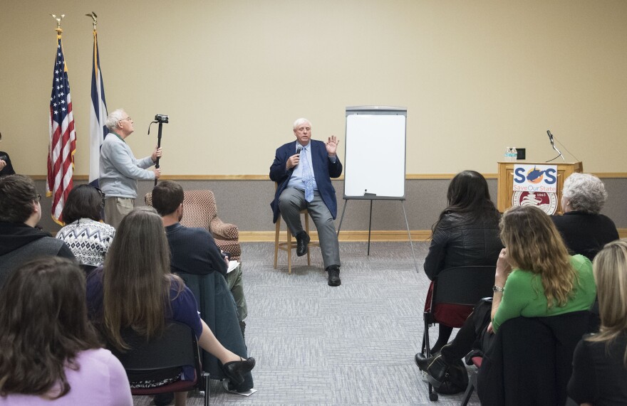 West Virginia Gov. Jim Justice talks about his budget proposal during a stop on his Save Our State Tour on Thursday, March 3, 2017, at Fairmont State University.