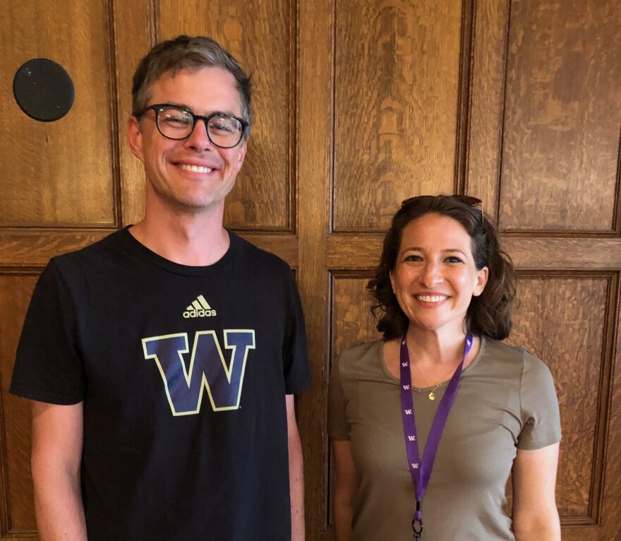 Philip Womble and Samantha Reznik were participants in a University of Washington faculty cross-state bus tour that stopped in Spokane this week.