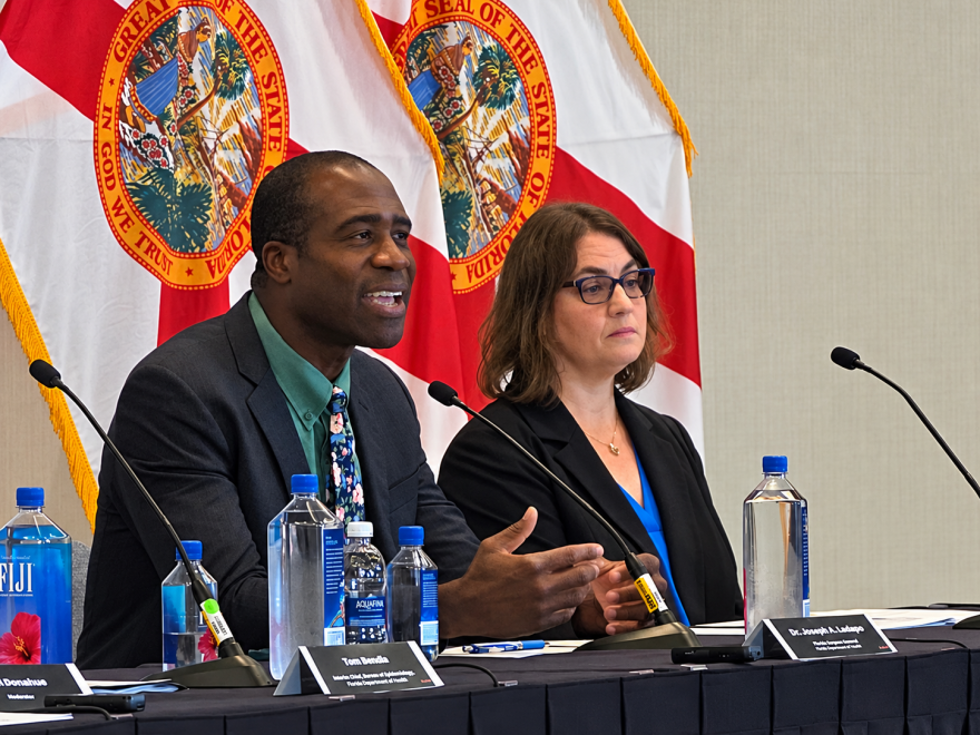 Surgeon General Dr. Joseph Ladapo during Thursday's public hearing at the Orlando Mariotte Lake Mary hotel, observing public comment on the state's new proposal to remove school entry vaccine mandates.
