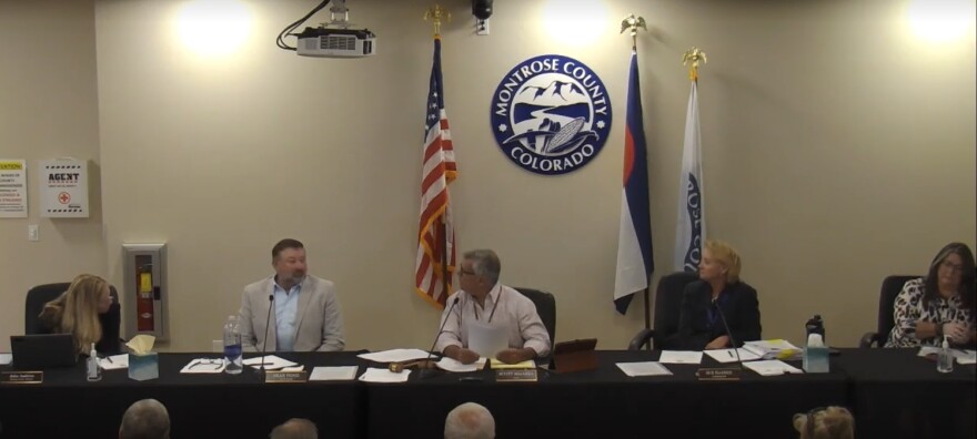 County Attorney Julie Andress (left) informs Commissioner Scott Mijares his rebuttal of recall efforts claims needs to be publicly noticed if they are to stretch beyond the public comment period.