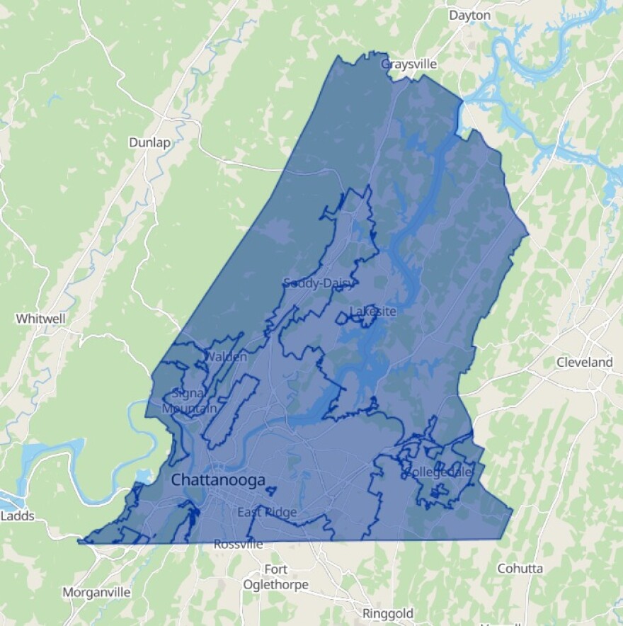 A map of Hamilton County, TN.