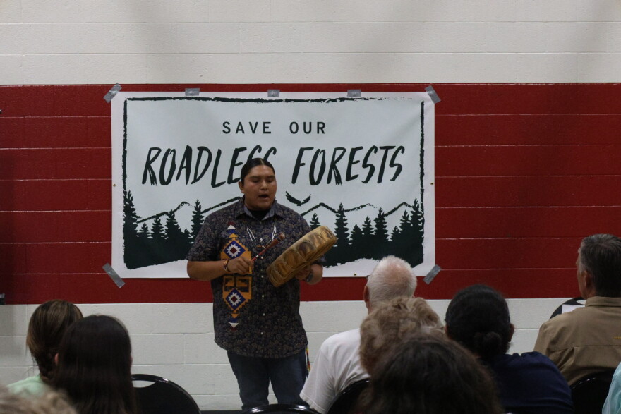 Emmet Yepa, a Jemez Pueblo member and government affairs director of the Semilla Project, leads a prayer Sept. 9, 2026, to kick off a “people’s public hearing” in Albuquerque regarding the federal repeal of the Roadless Rule.