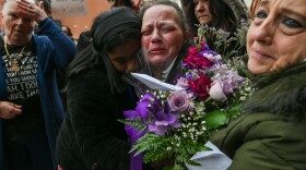 La'Niyah "Lala" Clark's grandmother, Sabrina Smith, is comforted during a protest outside of the Wilkes-Barre Police Department on Wednesday, Feb. 25.