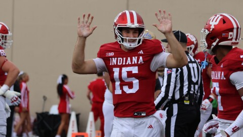 IU quarterback Fernando Mendoza celebrates a touchdown earlier in the 2025 college football season.