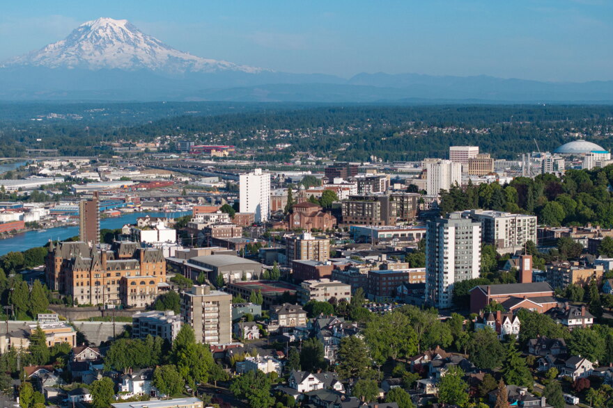 Aerial photo of Tacoma, Washington from June 2025.