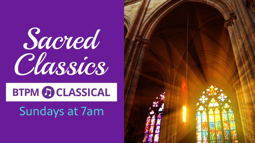 Photo of sunlight coming through stained glass windows with the BTPM Classical logo and text reading "Sacred Classics Sundays at 7am"