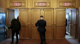 Attendees exit the lobby following a special NY PopsUp performance for frontline workers at the St. James Theatre in New York City.