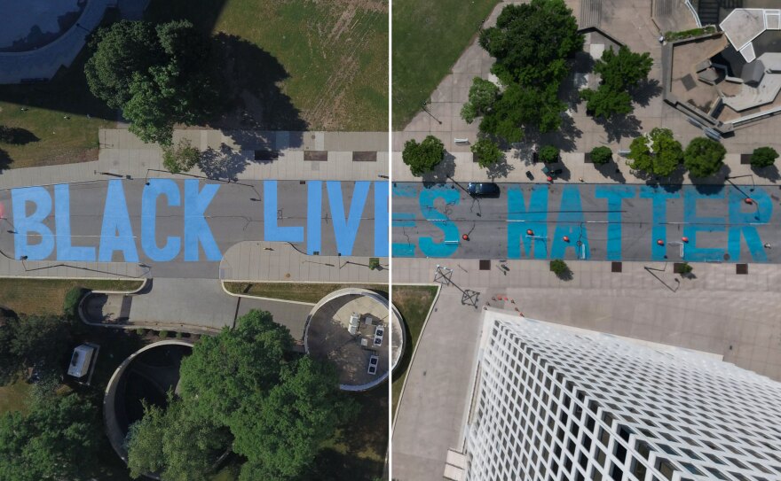 TOP - A freshly completed Black Lives Matter painted on Court Street in Rochester as seen June 12, 2020. BOTTOM - A faded Black Lives Matter painted on Court Street in Rochester as seen on July 15, 2024.