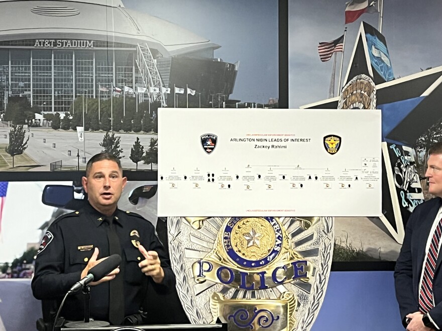 Deputy Chief Kyle Dishko, wearing a blue Arlington Police uniform, speaks in front of a timeline showing links to a crime. The timeline is posted to a wall that shows a collage of pictures around Arlington: AT&T Stadium, an APD badge and a star emblazoned with the badge and a thin blue line.