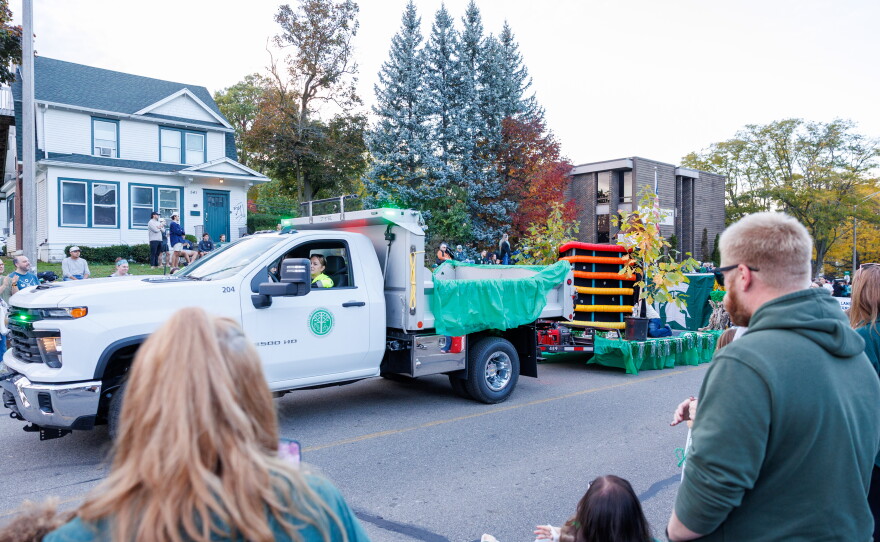 A float in the Michigan State University Homecoming Parade mimics the "hamster cage" parking garage in East Lansing, Mich., on Oct. 9, 2026.