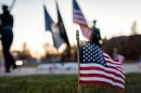 A small American flag pokes out of the ground, with other flags and two marching people in the background. 