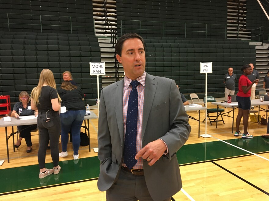 Secretary of State Frank LaRose speaks during a demonstration of voting machines at Westland High School near Columbus. [Karen Kasler]