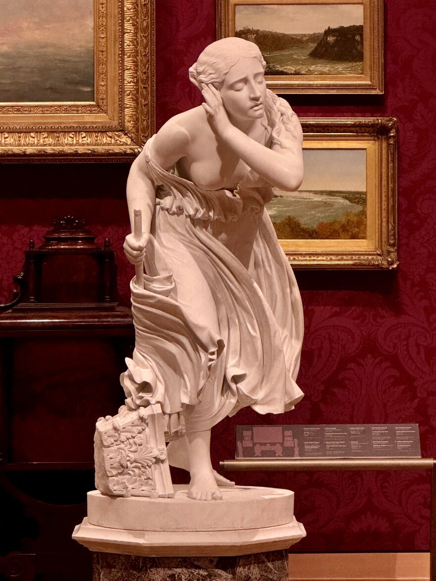 Dominic Palarchio’s exhibition at Abattoir Gallery evokes the rich history of art inspired by the ancient eruption of Mount Vesuvius, including “Nydia, the Blind Flower Girl of Pompeii,” by 19th-century American sculptor Randolph Rogers. A version is on view at the Museum of Fine Arts Boston.